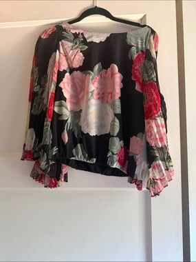 Alice + Olivia Black Floral Pleated Crop Top with Pink & Red Roses
